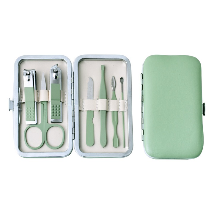 Комплект за маникюр и педикюр, 7 в 1, неръждаема стомана, зелен, несесер