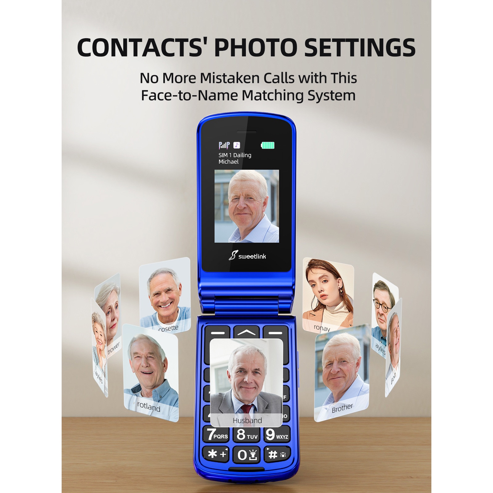 SweetLink F2 Plus Telefon mobil pentru seniori, taste mari, meniu in limba Romana, buton SOS, dual SIM, Pentru Varstnici, Bluetooth, lanterna, radio, Stand incarcare, Albastru