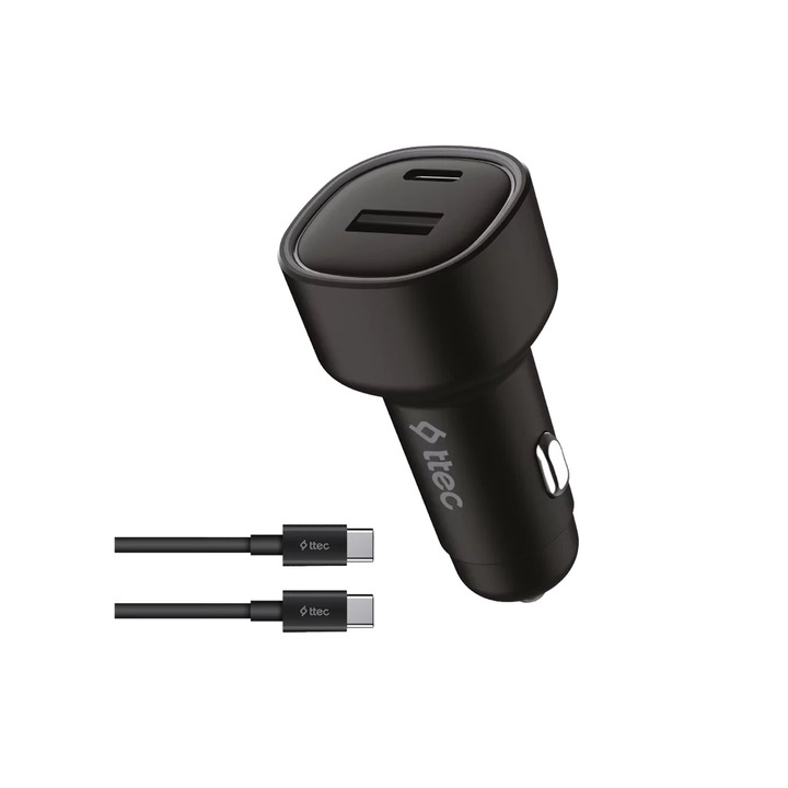 Incarcator ttec, 12V, SmartCharger Duo, PD, 48W, incarcator rapid pentru masina, USB-C+USB-A, cablu USB-C-USB-C 3A, negru