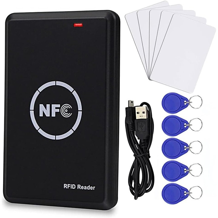 Kit de copiator si cititor RFID, WALALLA, suport etichete NFC, cu 5 carduri albe T5577, 5 chei UID programabile, 125KHz/13.56MHz, negru