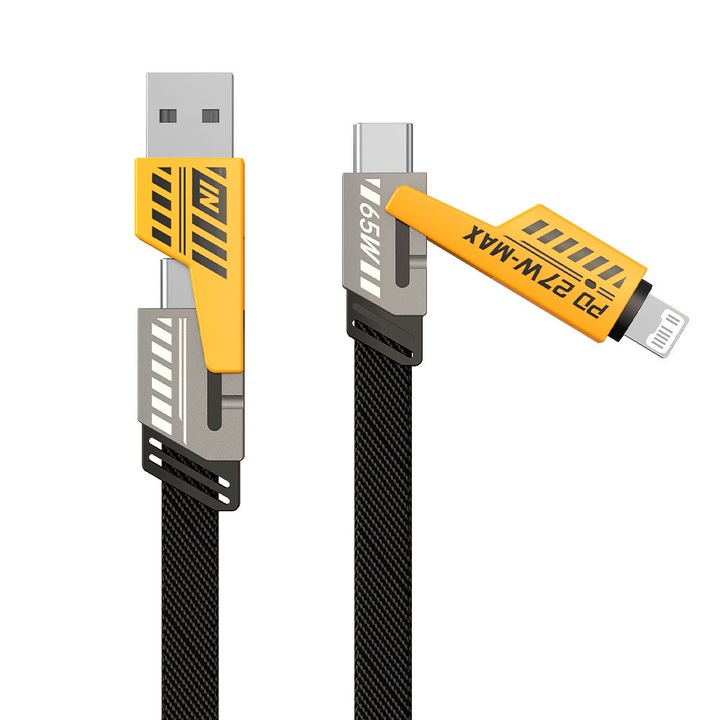 4n1 Blade Mech кабел за данни 65W/PD27W бързо зареждане USB/Lightning/Type-C жълт