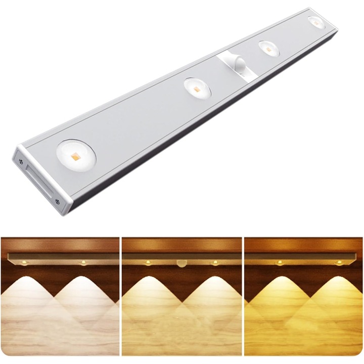 Lampa LED ultra-subtire cu senzor de miscare, GLSmart®, 4 led-uri puternice, baterie 1800 mAh, fara fir, fara baterii cu reincarcare prin USB, suport magnetic, pentru dressing, bucatarie, scari, hol, baie, garaj, portabila, trei culori