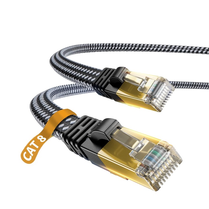 Плосък мрежов кабел Ethernet оплетка Cat 8, 40 Gbps 1M интернет пач кабел с щепсел, плосък формат RJ45 конектор