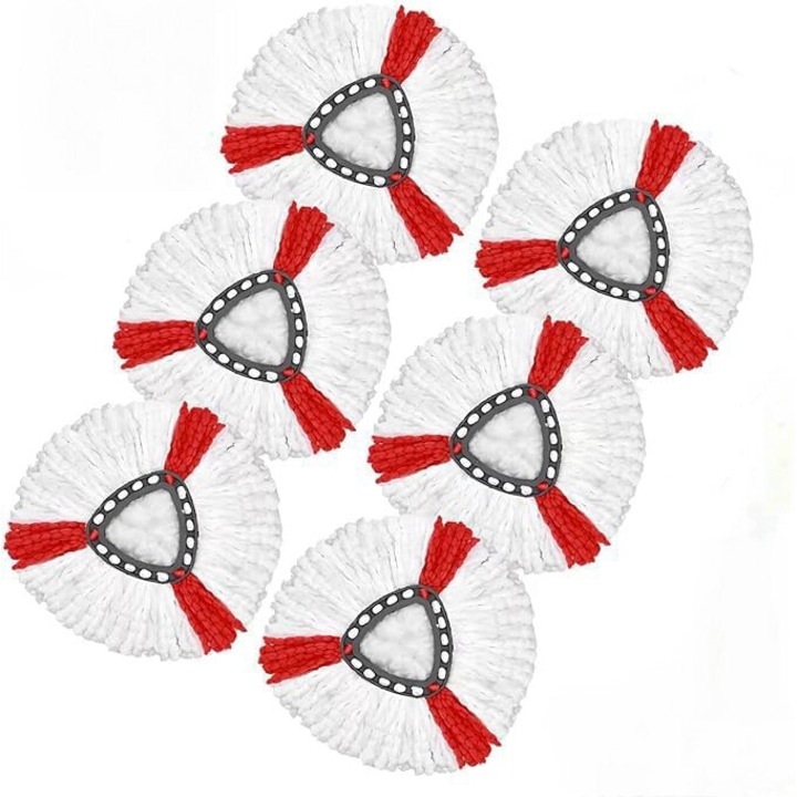 Set 6 Rezerve Mop TNS®, Reutilizabil, Compatibile cu Mop Vileda Turbo / Vileda Turbo 2in1 / Vileda TURBO mop rotativ / Vileda Easy Wring&Clean / Ultraspin, Diametru 34 cm, Alb/Rosu/Negru