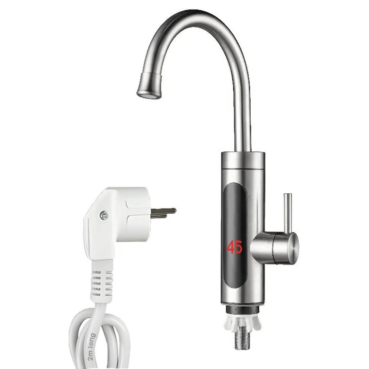 Robinet Instant pentru Apa Calda si Rece, Incalzire in doar 3 secunde, Afisaj Digital LED, 3300W, Corp din Otel Inoxidabil, Rotatie 360°, Culoare Argintiu, Stecher Detasabil si Cablul de 1.1m