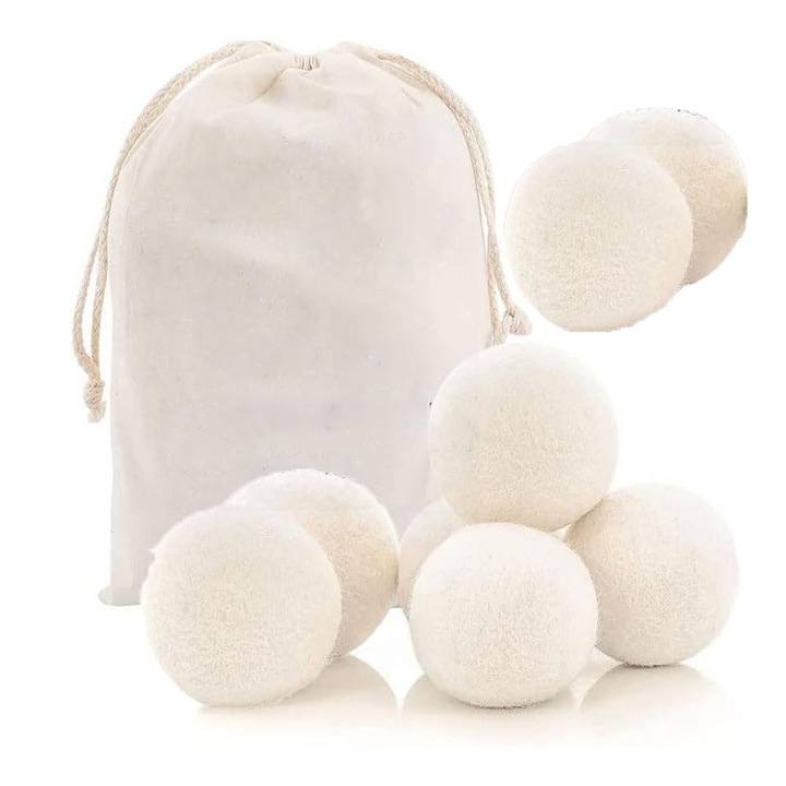 Set de 8 bile de lana, Ocean Sound®, reutilizabile pentru a reduce ridurile, a economisi timpul de uscare si a preveni electricitatea statica