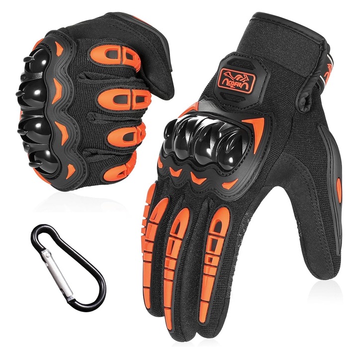 Manusi moto racing, SINBINTA, Impermeabile, Rezistent la abraziune, Socuri, Dubla protectie incheietura, Strangere reglabila a manusilor, Ecran tactil integrat, Inchidere velcro, Reutilizabile, Cu Carabinier, Poliester, L Marimea, Portocaliu