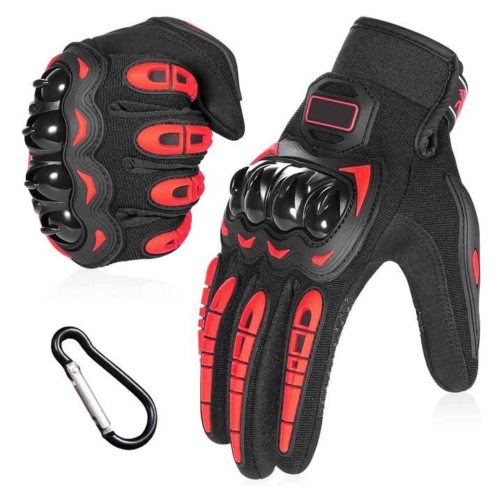 Manusi moto racing, SINBINTA, Impermeabile, Rezistent la abraziune, Socuri, Dubla protectie incheietura, Strangere reglabila a manusilor, Ecran tactil integrat, Inchidere velcro, Reutilizabile, Cu Carabinier, Poliester, M Marimea, Rosu