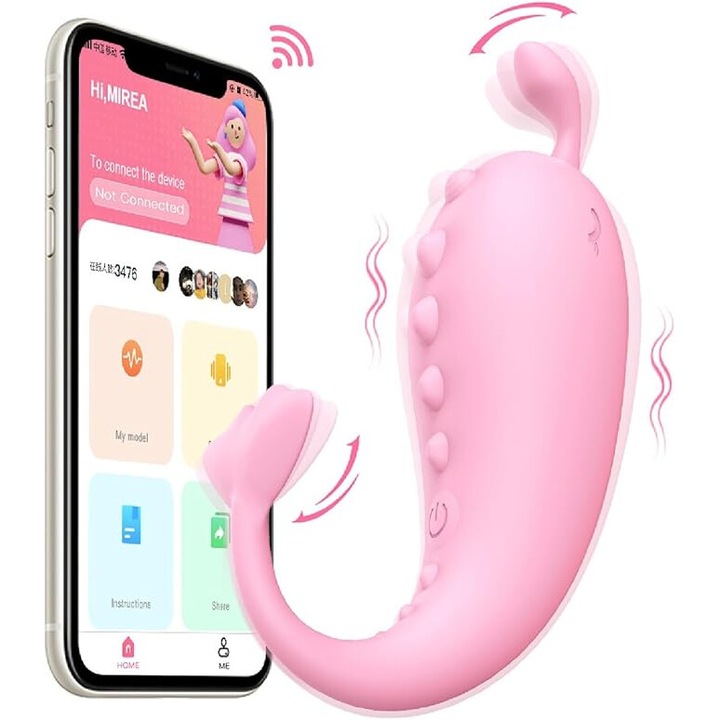 Női vibrátor, G-ponttal és csiklóstimulációval, OEMG, 10 vibrációs mód mobilalkalmazáson keresztül, távirányító, bálnamodell, rózsaszín