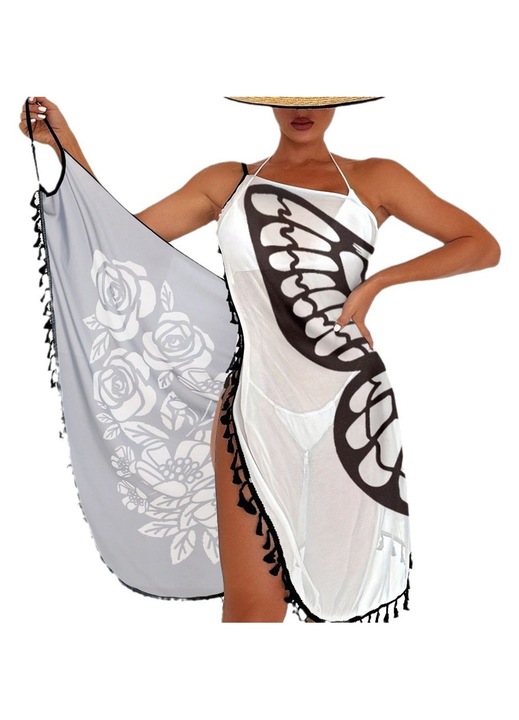 Rochie de plaja BOMSTOM, model sarong cu bretele subtiri, imprimeu fluture, multicolor, One Size INTL