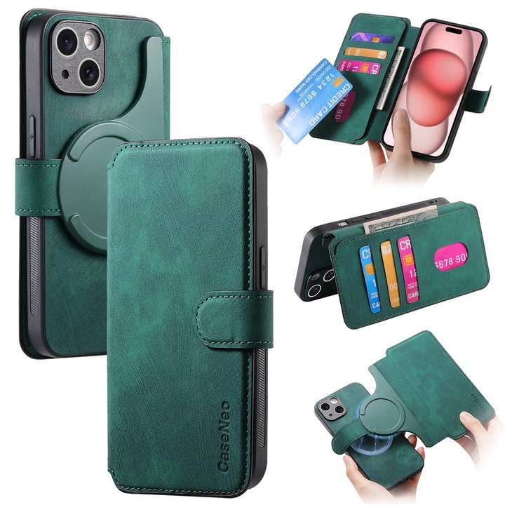 Husa telefon SCPBOWL pentru iPhone 14 Pro Max, piele PU, RFID, suport card, verde