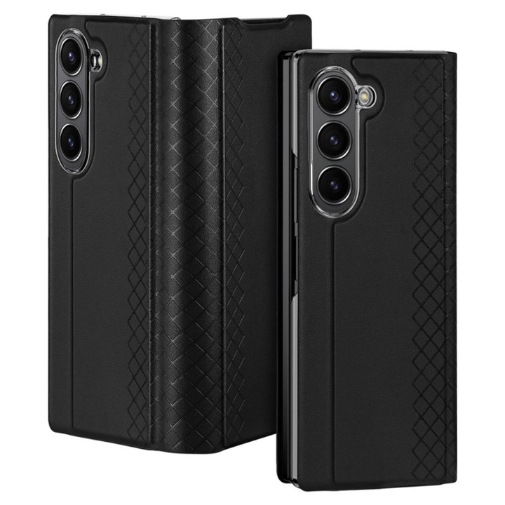 Prémium védőtok Samsung Galaxy Z Fold6 / Fold 6 telefonhoz, hatékony leesés elleni védelem, kártyatartó zseb, puha bolyhos bélés, mágneses záródás, PU bőr, vezeték nélküli töltés, ceruzatartó, fekete