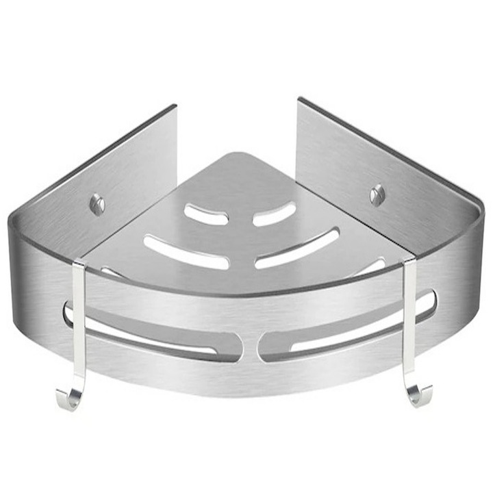 Raft dus, baie lustruita, forma triunghiulara, pentru depozitare bucatarie, raft depozitare baie, aluminiu, 29 x 21,6 x 4 cm, argint, fara gaurire