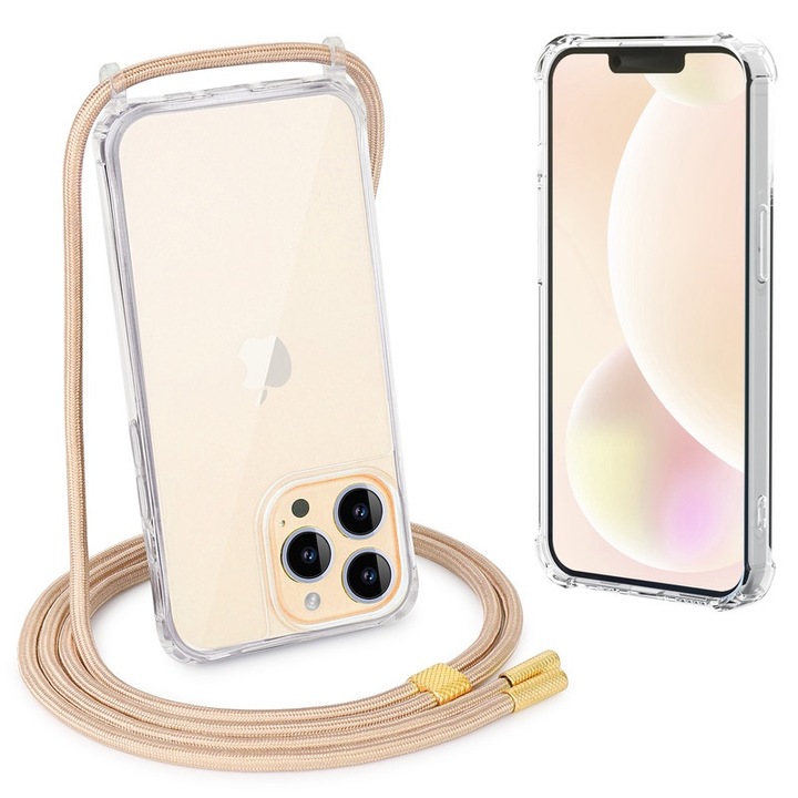 Husa Transparenta pentru iPhone 16 Pro, Antisoc, cu Snur Reglabil Integrat, Protectie Superioara, Auriu