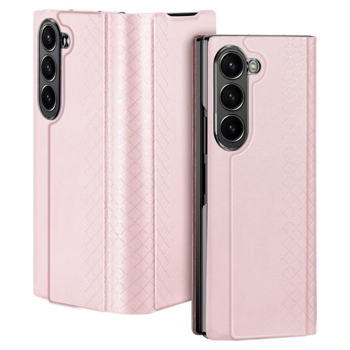Prémium védőtok Samsung Galaxy Z Fold6 / Fold 6 telefonhoz, hatékony leesés elleni védelem, kártyatartó zseb, puha bolyhos bélés, mágneses záródás, PU bőr, vezeték nélküli töltés, rózsaszín