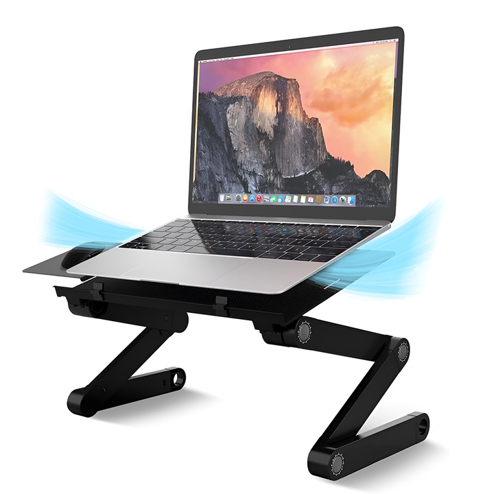 Masuta pentru Laptop 2 in 1 Teno®, reglabila pe inaltime, sistem de ventilatie dublu, coolere CPU, suport reglabl pentru mouse, multifunctionala, versatila, 42 x 26 cm, negru