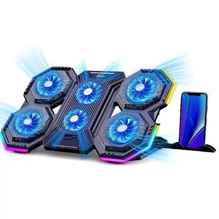 Suport de racire pentru laptop cu 6 ventilatoare, reglabil pe inaltime, suport telefon, negru, 399x270x36.6mm