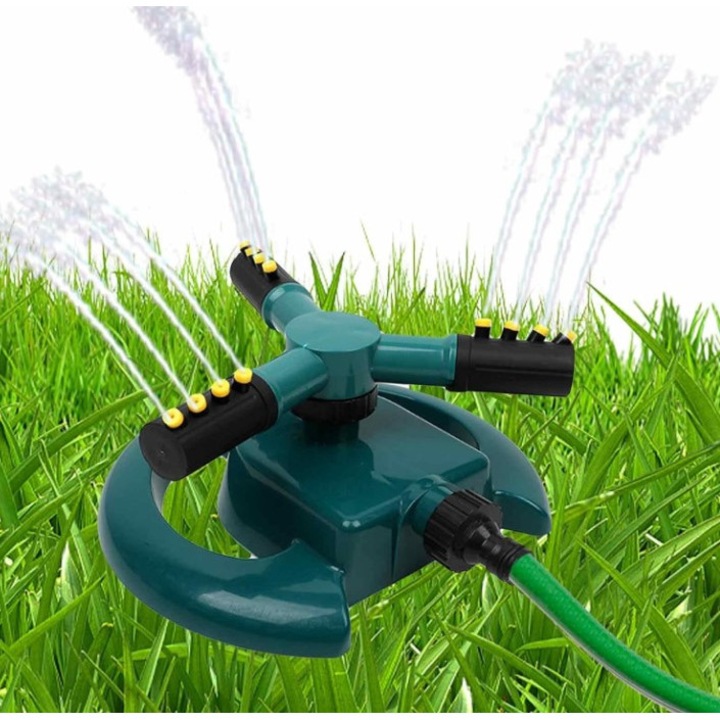 Aspersor Rotativ Irigator EDAR Cu 3 Brate, Pentru Gradina, Gazon, 12 Duze Apa, Pulverizare Uniforma Reglabil 360 Grade, Accesorii Conectivitate, Verde
