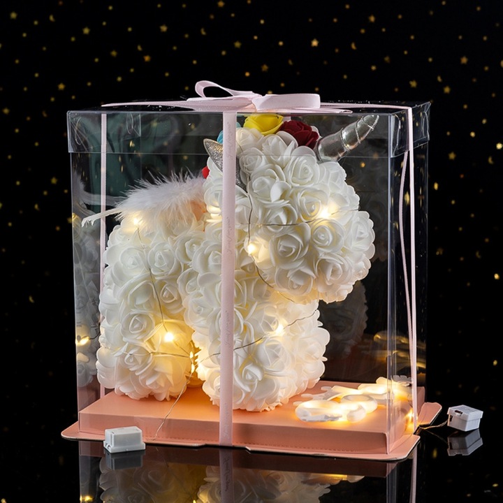 Trandafir artificial etern in cutie transparenta cu lumina LED, decor multicolor, 15x15x20cm