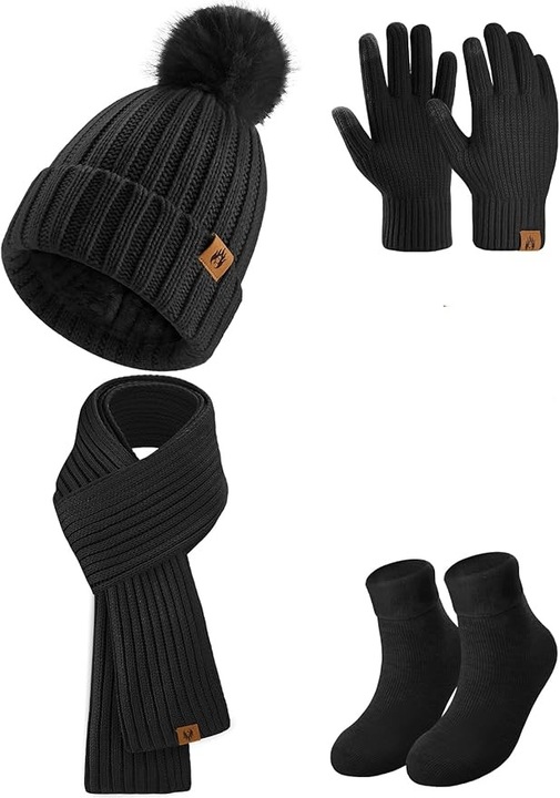Set iarna dama: palarie, esarfa, manusi cu ecran tactil si sosete calduroase – cadou pentru schi si sporturi in aer liber /negru