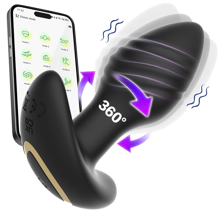 Dop anal rotativ la 360 de grade Fairykiss® jucarii sexuale, vibrator cu controlul aplicatiei mobile, masaj pentru prostata, 10 moduri, silicon, impermeabil