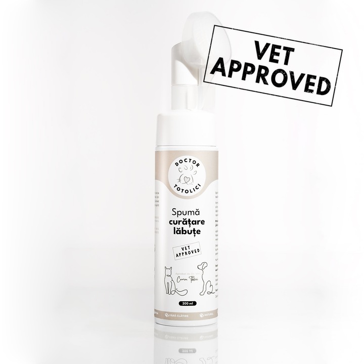 Spuma curatare labute fara clatire pentru caini si pisici Doctor Totolici, perie silicon detasabila, capac protectie, 200 ml
