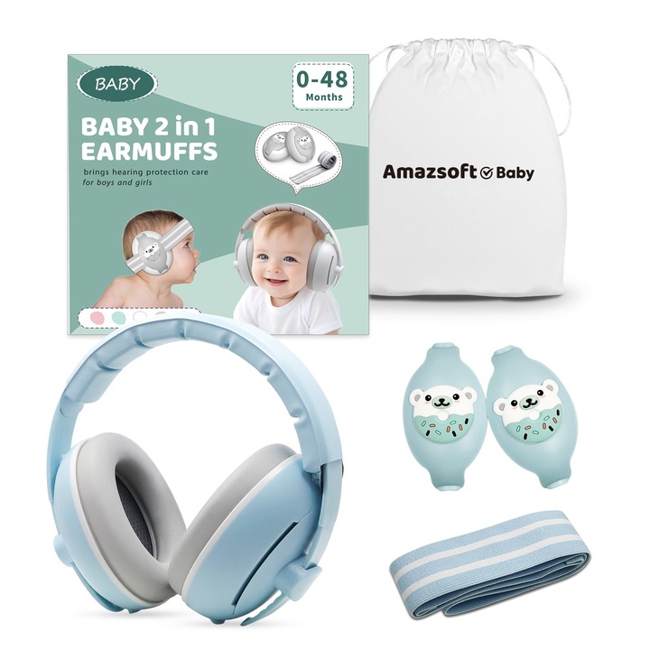 Антифони за бебета BYONDSELF, 2 в 1, с чанта за съхранение и еластична лента, за деца 0-4 години, регулируеми, безопасни и удобни, без натиск върху фонтанела, нисък шум 25 Db, син