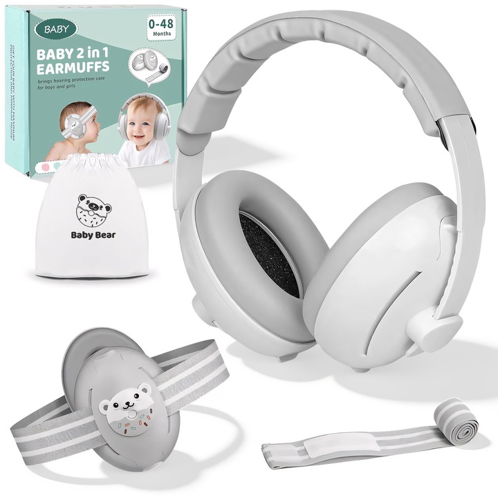 Casti Antifonice 2 in 1 Pentru Bebelusi, BYONDSELF®, cu Sac de Depozitare si Banda Elastica, Pentru Copii de 0-4 Ani, Reglabile, Sigure si Confortabile, Fara Presiune Pe Fontanela, Zgomot Redus 25 Db, Alb