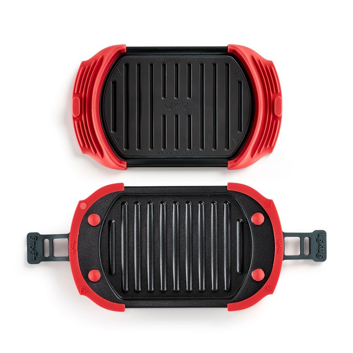 Tava grill pentru cuptorul cu microunde Lekue 1009081, 25,2 x 14,8 x 5,4 cm, Silicon platinat, Otel cu acoperire antiaderenta, 0 /+240 °C, Rosu