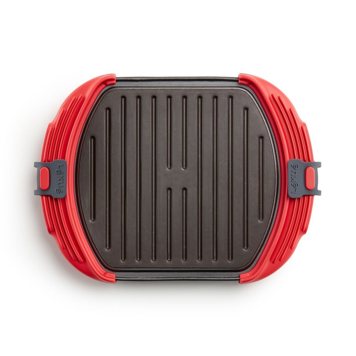 Tava grill pentru cuptorul cu microunde Lekue 1009082, 27x20,7,8x4,4 cm, Silicon platinat, Otel cu strat antiaderent, 0 / +240 °C, Rosu
