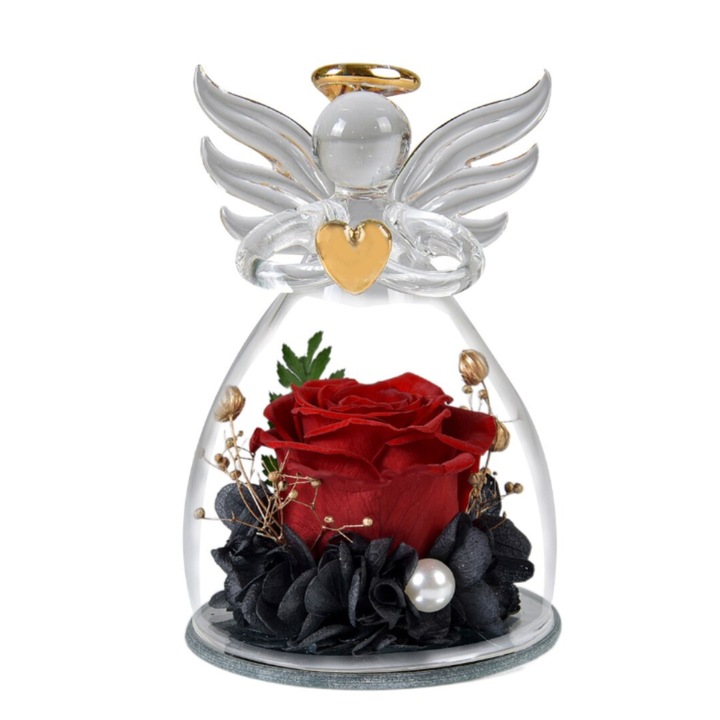 Decoratiune cu floare eterna in cupola de sticla, rosu, 7.5x7.5x12.5cm