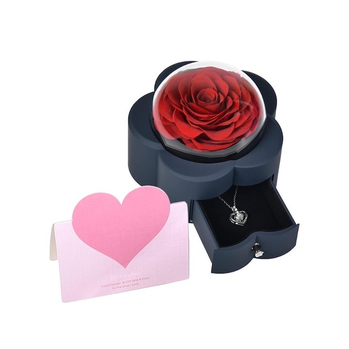 Trandafir criogenat in cupola, Set cu lantisor argintiu, 13 x 11 cm, culoare rosu