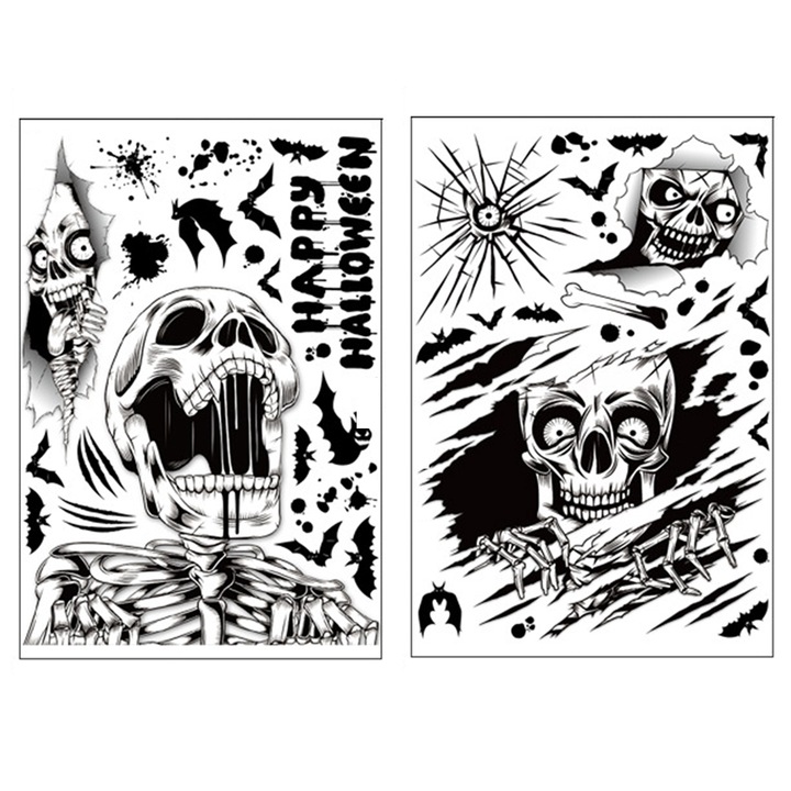 Stickere decorative pentru geamuri AMRINUGL, Halloween, schelet, 3D, 35x25cm, set de 2