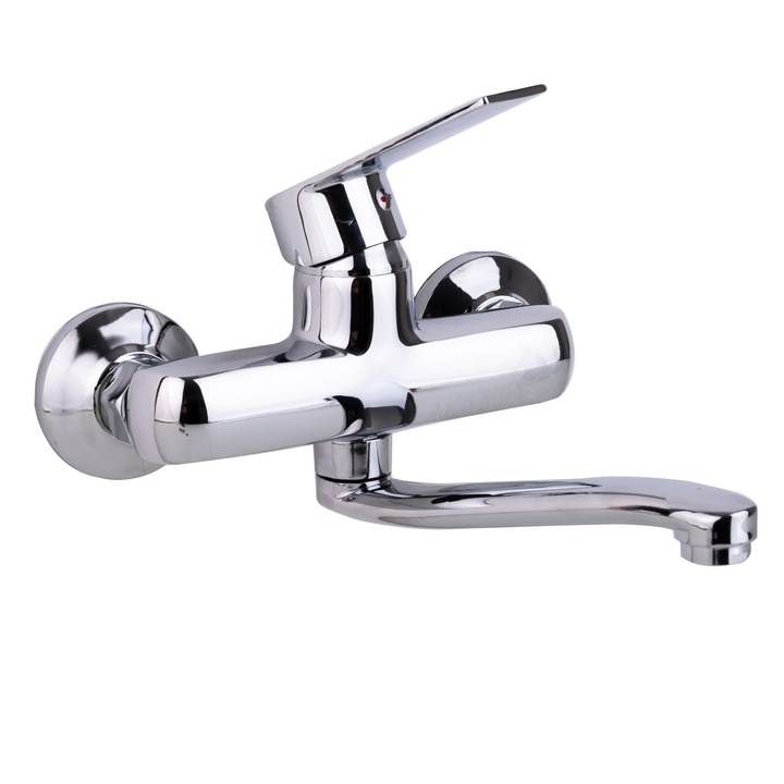 Baterie chiuveta bucatarie pipa oscilanta, prindere pe perete, Crom, CasaShop®
