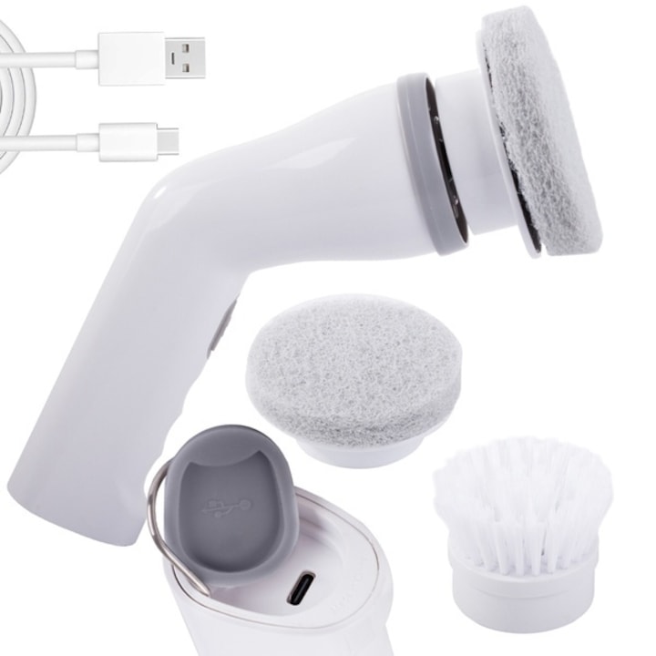 Perie electrica VarioShop®, 2 capete interschimbabile, pentru curatat faianta, gresie, cada, rosturi, incarcator inclus, 20x11 cm, alb/gri