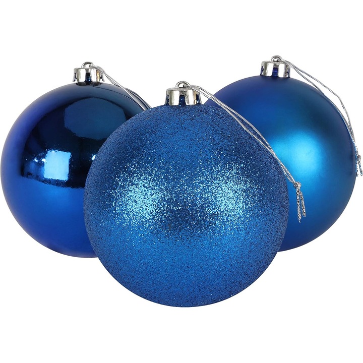 Globuri de Craciun, Royal Blue, set de globuri rezistente la spargere, design cu sclipici mat, utilizare interioara si exterioara