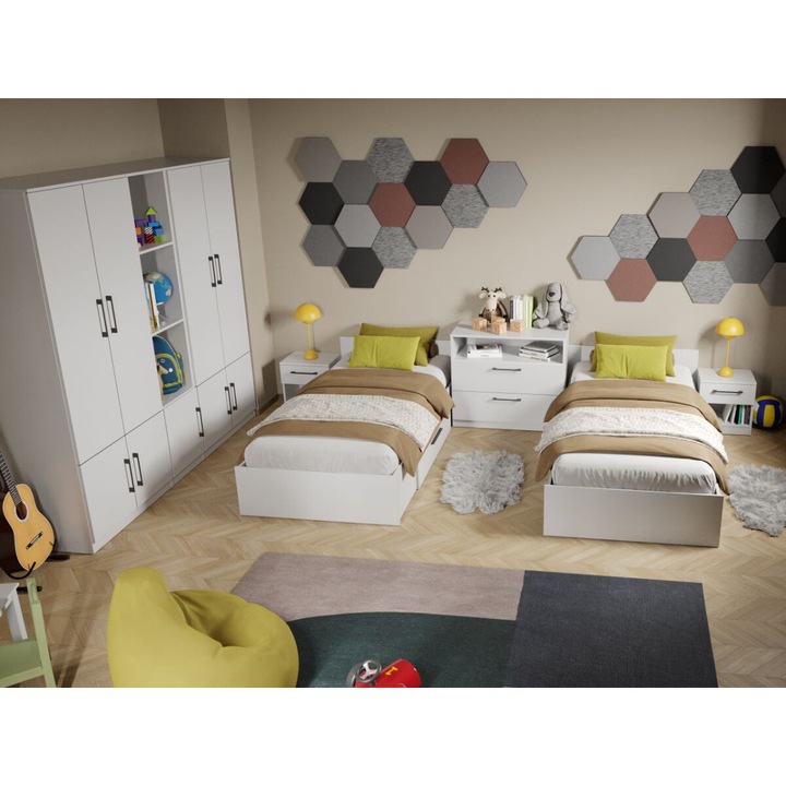 Set Mobila Dormitor Tineret, Mihai C19, Dulap 207 cm, 2 Paturi cu lada, 2 noptiere, Comoda