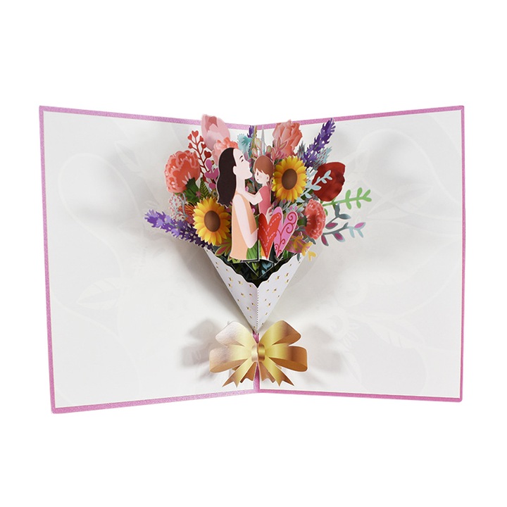 Felicitare 3D pentru ziua mamei, card pop-up cu buchet de flori, cu plic inclus, multicolor, 1 buc