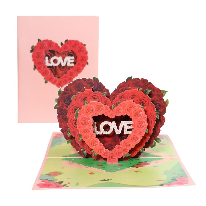 Felicitare 3D Ziua Indragostitilor, romantica, multicolor, 20x15cm