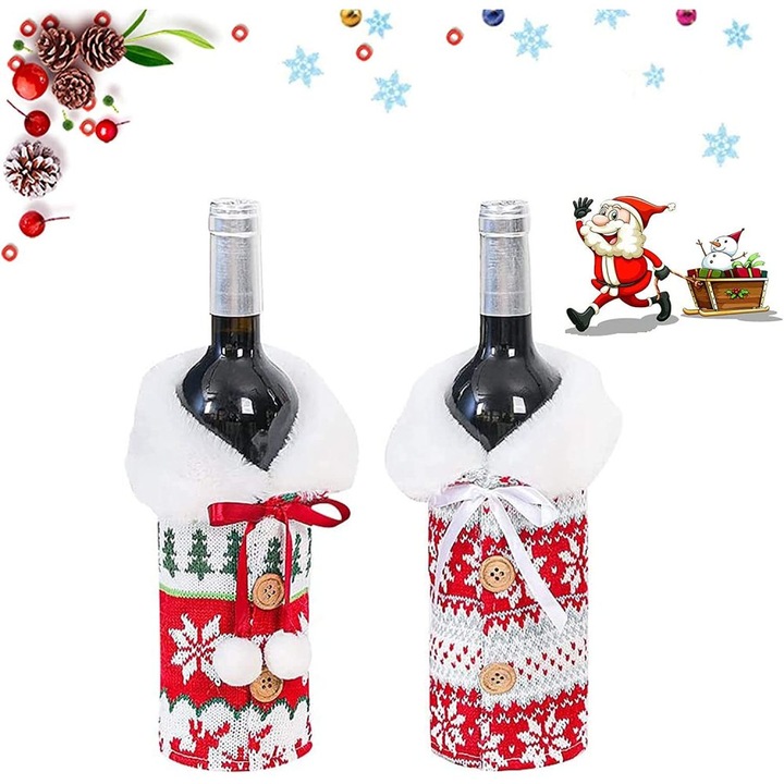 Sac pentru sticla de vin Craciun, Xuigort, set decorativ cu pulover pentru sticla, multicolor