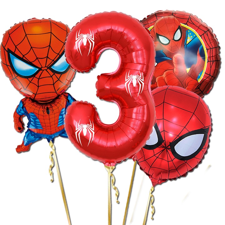 Set de 4 baloane din folie Spider Man, anivarsare 3 ani, rosu