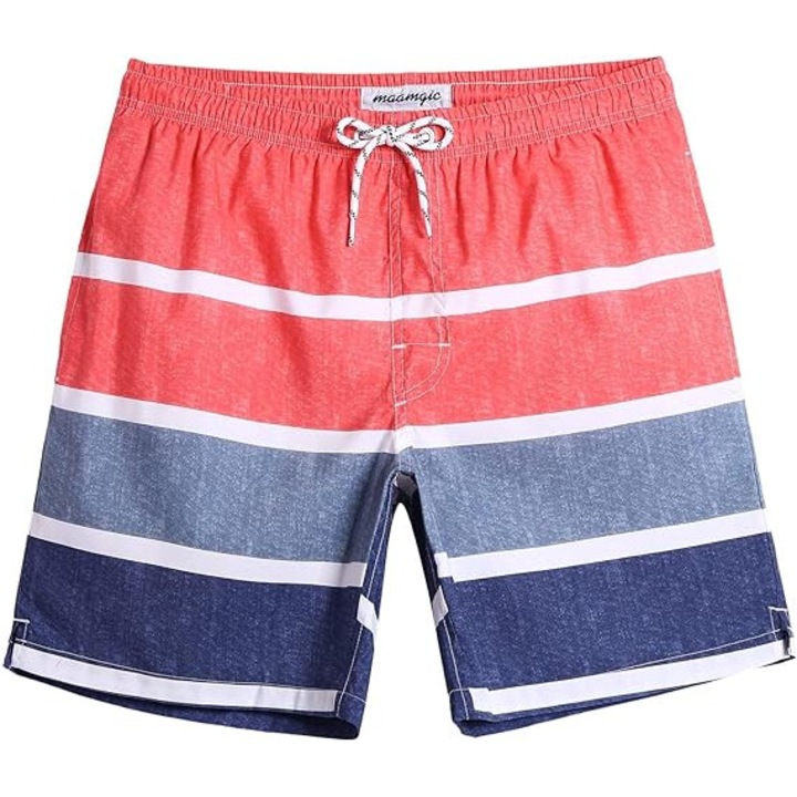 Pantaloni scurti de baie pentru barbati, MaaMgic, model dungi, cu snuaaar si buzunare, uscare rapida, pentru inot, plaja si sport, Albastru / rosu, Rosu/Albastru