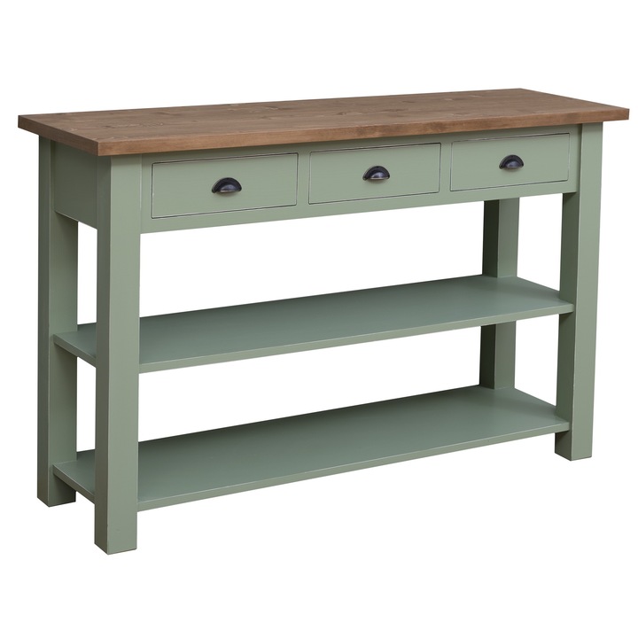 Consola cu 2 rafturi, 3 sertare, culoare blat maro deschis P001, culoare corp verde deschis P054A, dublu color, 100% lemn, 145x89x45 cm