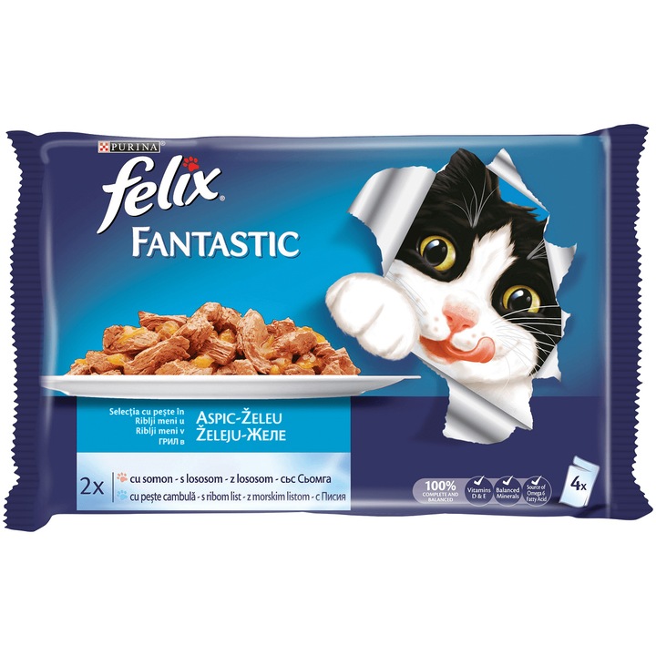 Храна за котки Felix Fantastic Сьомга и Писия, 4 x 100 гр