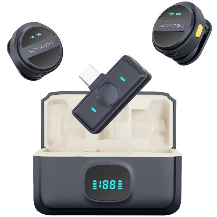 Професионален комплект от 2 безжични микрофона SONORH® Lavalier, Plug&Play, докинг станция за зареждане, всепосочен, шумопотискане, USB Type-C/DSLR/съвместим с лаптоп, на живо, интервюта и студио