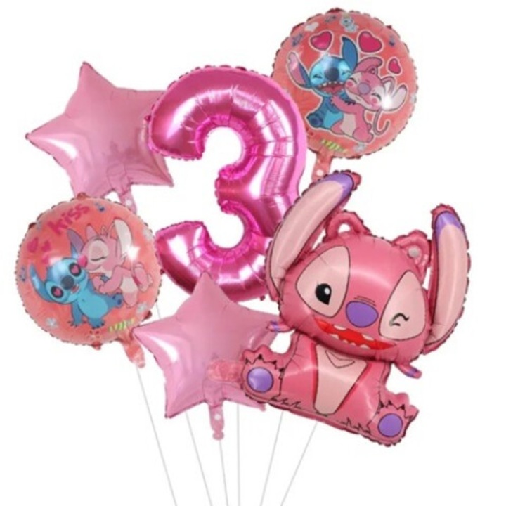 Set 6 Baloane Aniversare 3 Ani, Angel & Stitch, It's Party Time, culoare roz