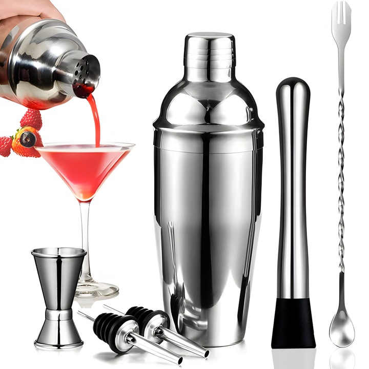 Retoo Barman, Коктейлен шейкър комплект за приготвяне на напитки, изработен от INOX, 6 части - шейкър 750 мл с цедка, лъжица, двоен шейкър от 15 мл и 30 мл, мъдлер и 2 тапи с капкомер, сребрист