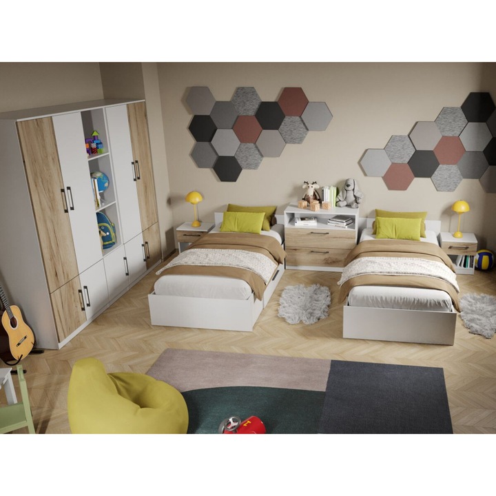 Set Mobila Dormitor Tineret, Mihai C21, Dulap 207 cm, 2 Paturi cu lada, 2 noptiere, Comoda