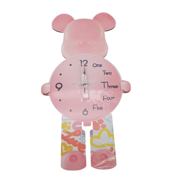 Ceas Decorativ De Perete Mecanic, 80cm x 40cm forma ursulet, Roz, Material Pal Lucios