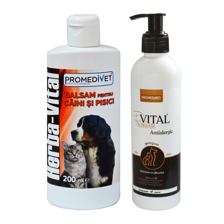 Pachet Sampon Premium Vital Antialergic cu glicerina cu extracte de plante medicinale elimina reactiile alergice, eczemele, 250 ml si Balsam Herba Vital ce intretine blana animalului, are proprietati hidratante si nutritive, 200ml pentru Caini si Pisici